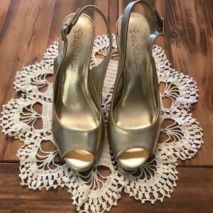 Lilly Pulitzer Gold Kristin Sling Wedge Heels 6.5